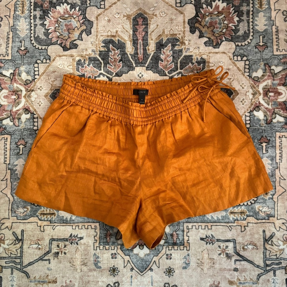 J.Crew Burnt Orange Linen Herringbone Smocked Waist Bow Shorts Resort Sz Medium - Picture 12 of 12
